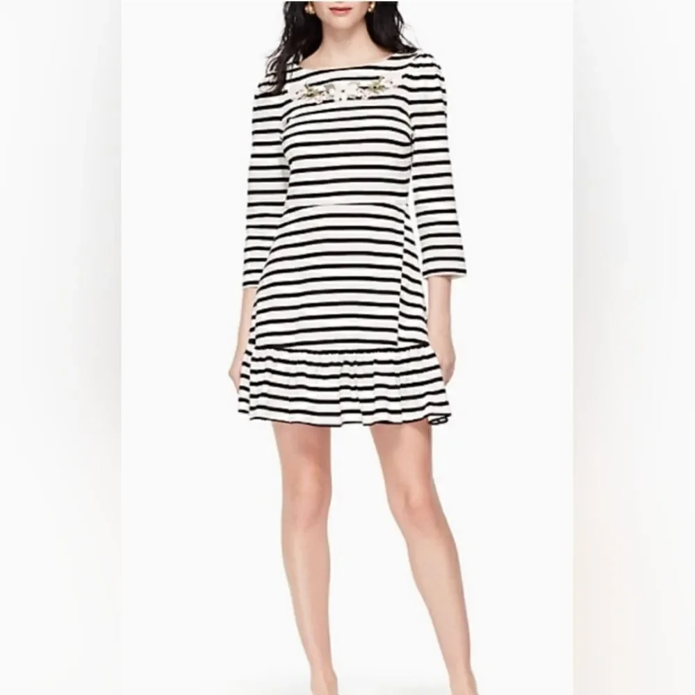 NWT KATE SPADE Floral White Black Striped Fit And FlareMini Dress size L